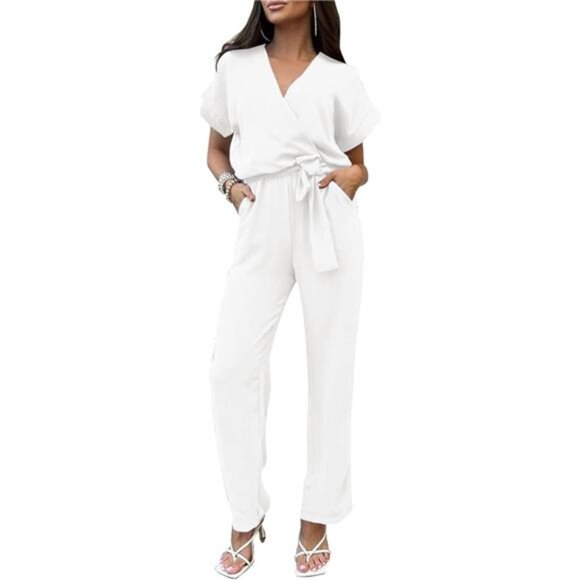 Women's Jumpsuit Casual Short Sleeve Wrap V Neck Belted Wide Leg Pants